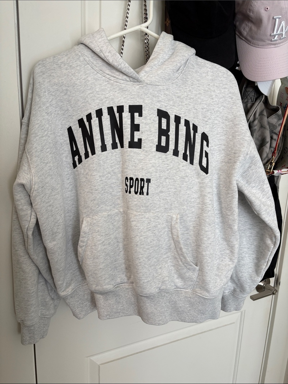 Anine Bing Light Heather Grey Pullover Hoodie with Black Logo